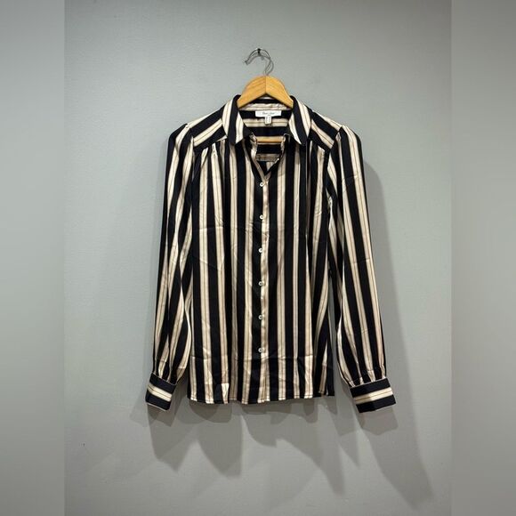 Cream/Black Haver & Blair Striped Blouse Size M EUC - Picture 3 of 6